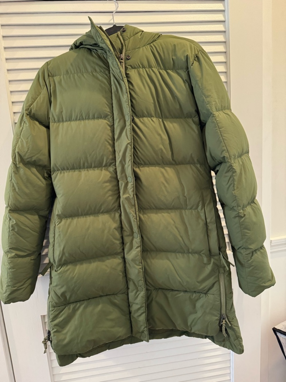 REI Olive Green Long Hooded Puffer Coat